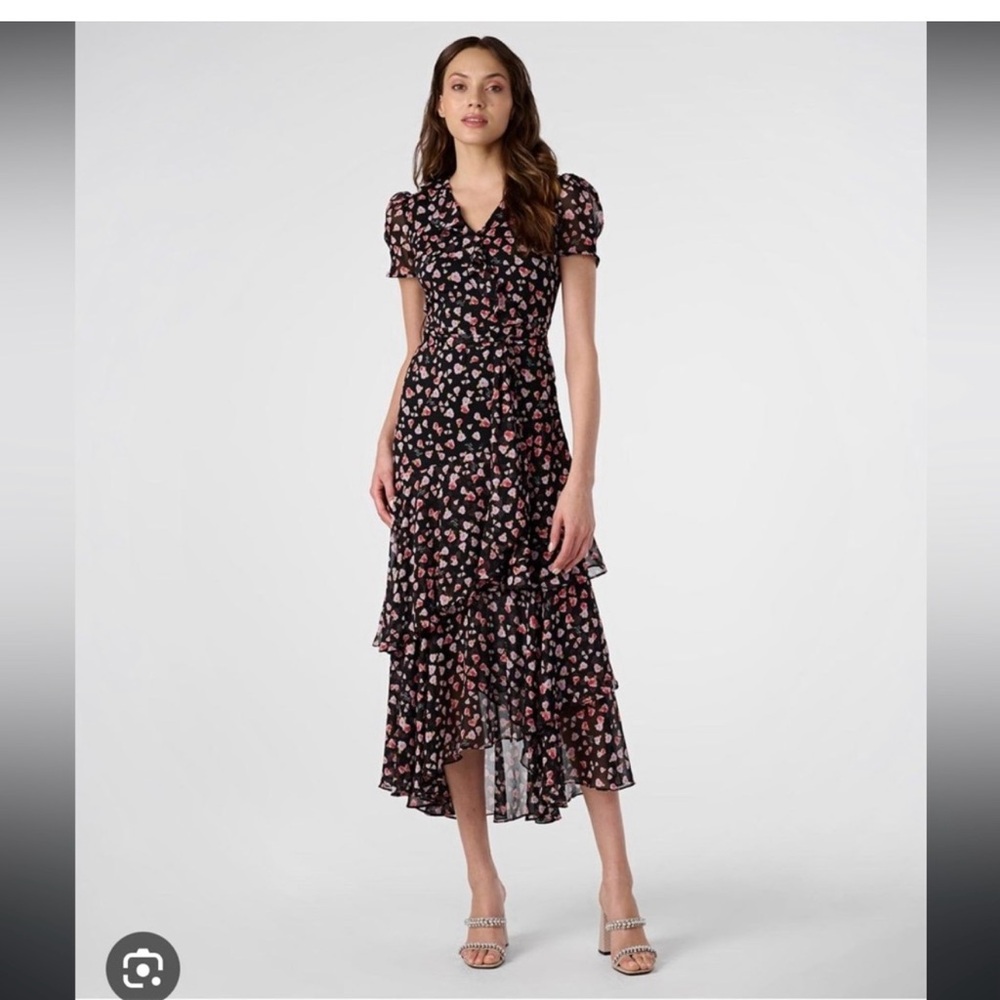 Pink and White Floral Wrap Dress with Puff Sleeves